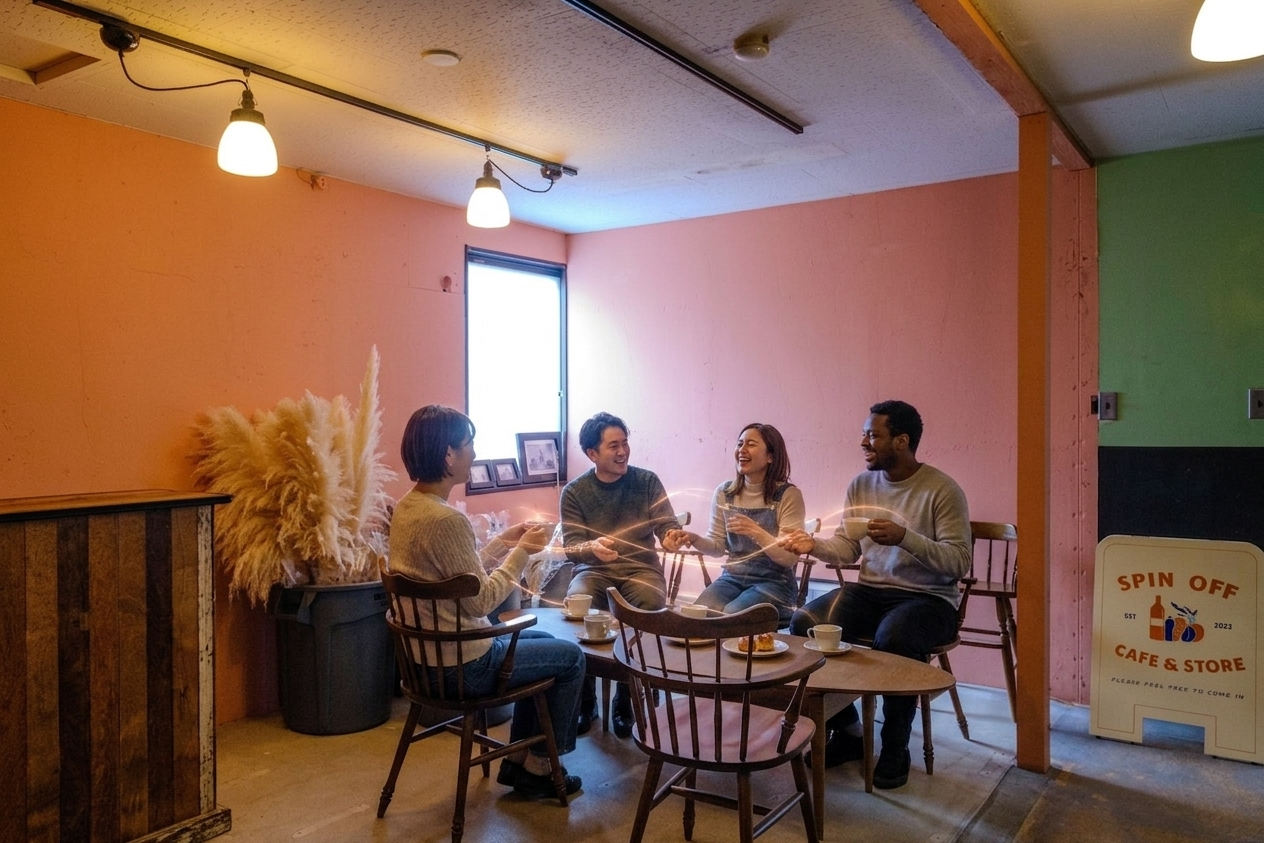 Firefly_Gemini Flash_人と人が繋がるイメージを 参照画像の椅子に人が座って談笑している 618426